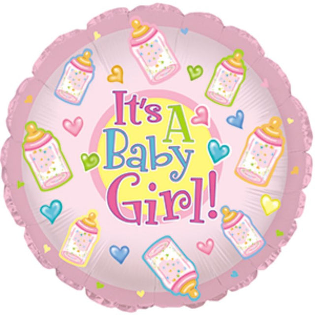 Air-filled balloon shaped like a pink baby bottle, perfect for baby showers or birthday parties, includes cup and stick.