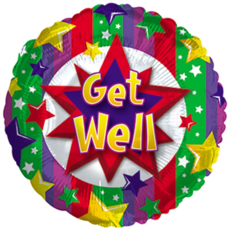 Vibrant 9-inch air filled balloon with colorful burst design, perfect for uplifting Get Well messages.