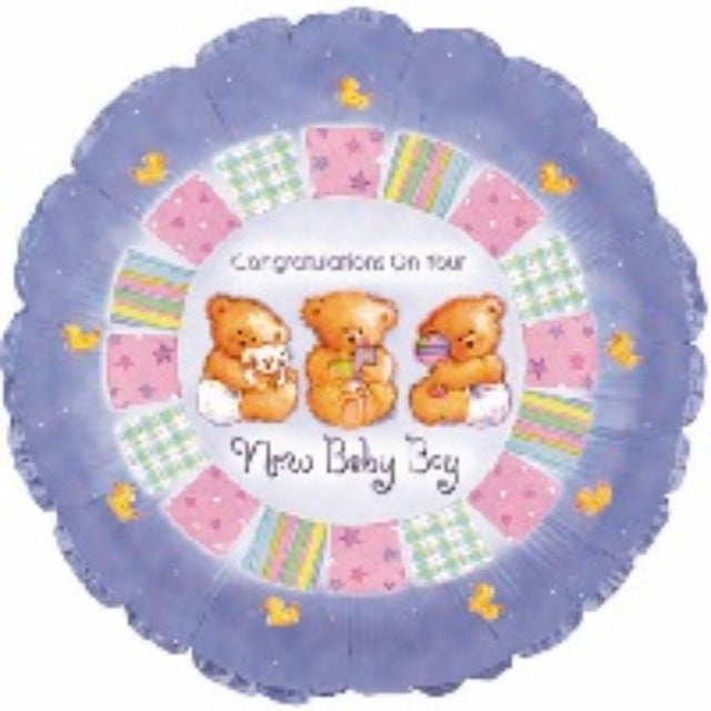 9-inch air-filled balloon featuring vibrant baby boy patchwork design, perfect for celebrations and easy to display.