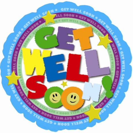 Colorful 9-inch air-filled Get Well balloon with inspirational messages, perfect for uplifting recovery moments.