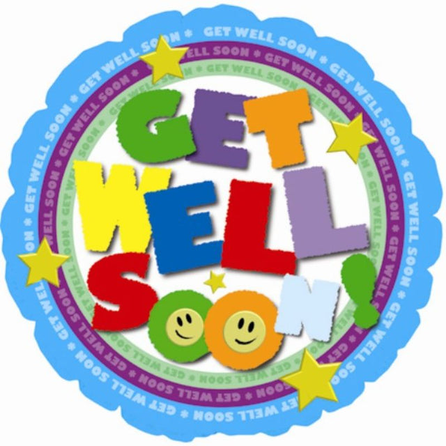Colorful 9-inch air-filled Get Well balloon with inspirational messages, perfect for uplifting recovery moments.