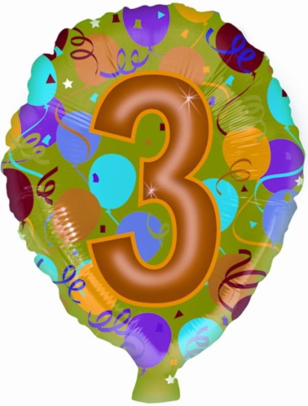 Vibrant 17-inch foil balloon in the shape of number 3, ideal for birthdays and parties, with a glossy finish for eye-catching decor.