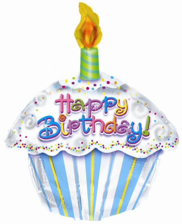 Colorful 17-inch foil balloon shaped like a petite cupcake, perfect for birthday celebrations and party decor.