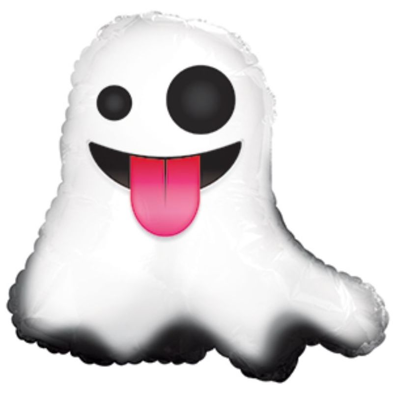 9-inch air-filled Emoticon Ghost balloon with tongue, perfect for Halloween and festive celebrations.