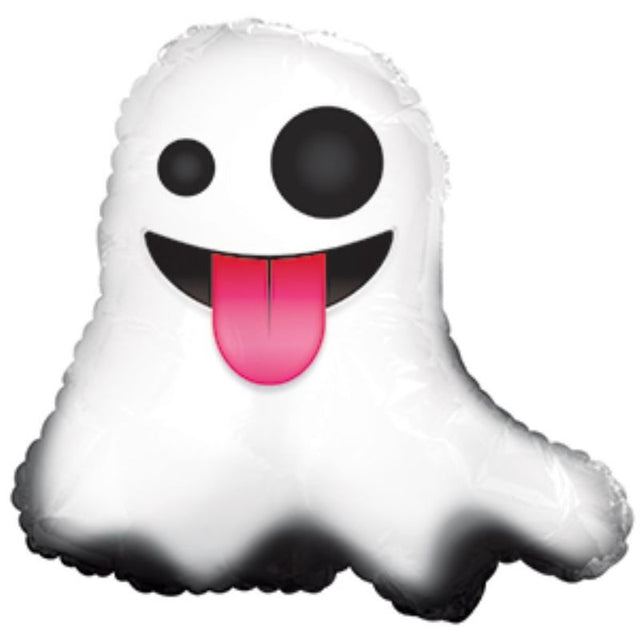 9-inch air-filled Emoticon Ghost balloon with tongue, perfect for Halloween and festive celebrations.