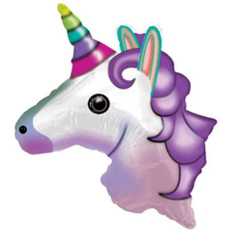 Vibrant 10-inch air-filled unicorn emoticon balloon, perfect for celebrations and easy to display with cup and stick included.