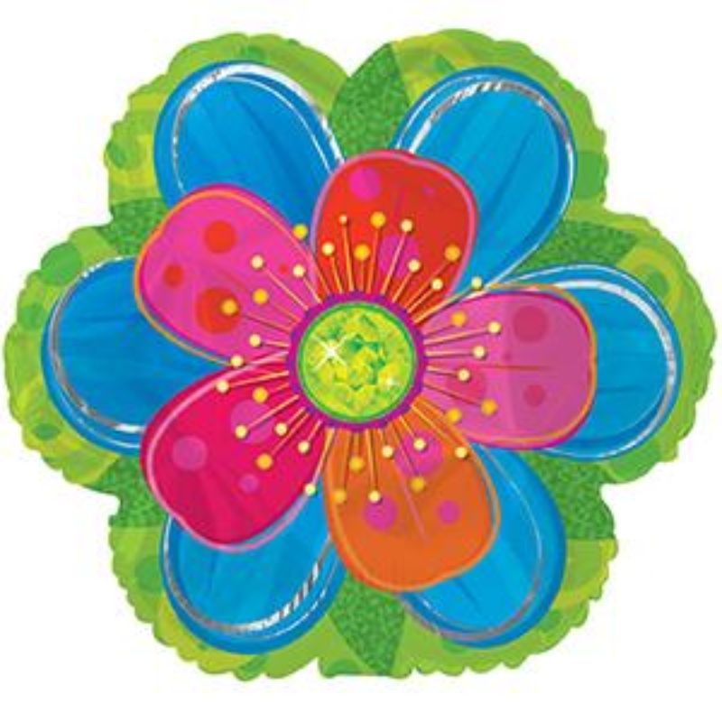 9-inch Air Filled Balloon featuring a vibrant Flower Power design, includes cup and stick for easy display.