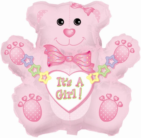 Air-filled 14-inch balloon featuring an adorable bear design, perfect for celebrating a baby girl's arrival.