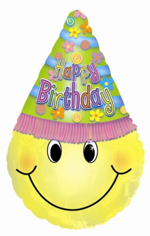 30-inch foil balloon featuring a smiling face wearing a party hat, perfect for birthday celebrations.
