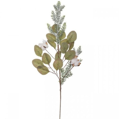 Artificial eucalyptus spray with cotton accents in vibrant green, measuring 86cm, ideal for decor and arrangements.