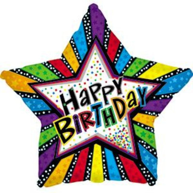 17-inch foil birthday balloon featuring vibrant stripes and stars, perfect for festive celebrations and balloon displays.