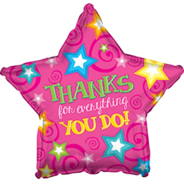 Air-filled 9-inch pink star balloon with 'Thanks' message, ideal for celebrations and easy display with cup and stick.