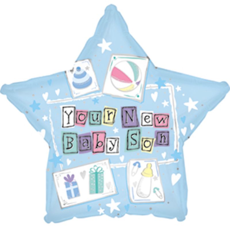 9-inch air-filled balloon celebrating the arrival of a baby son, perfect for baby showers and family gatherings.