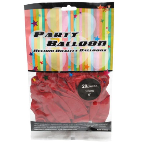 Vibrant red 25cm balloons in a pack of 20, perfect for enhancing celebrations and events with cheerful decor.