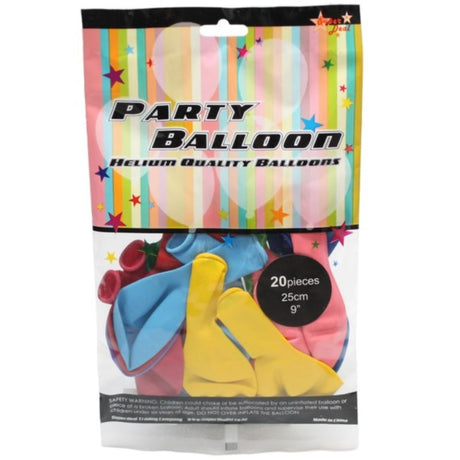 Vibrant 25cm mixed color latex balloons, perfect for parties, weddings, and festive celebrations, pack of 20.