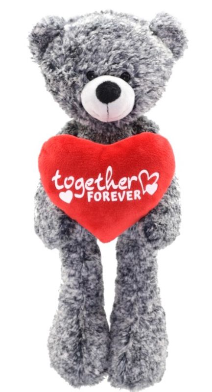 Long legged grey plush bear (35cm) holding a red heart with 'Together Forever' printed on it, perfect for cuddles.