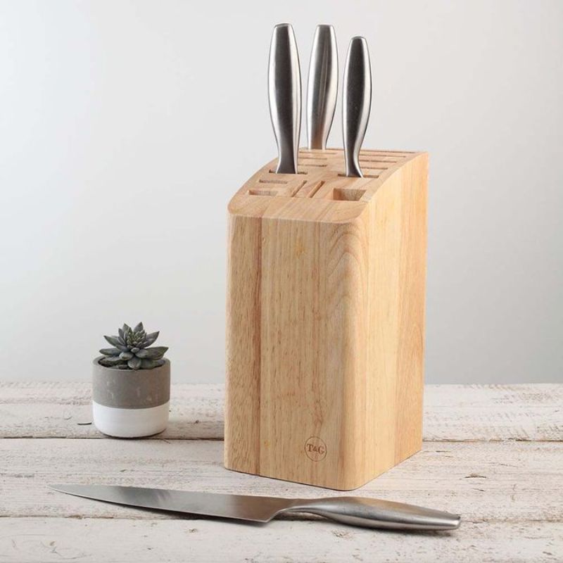 Hevea wood knife block, 26.5cm, holds 12 knives, cleaver, and scissors; durable and elegant kitchen storage solution.