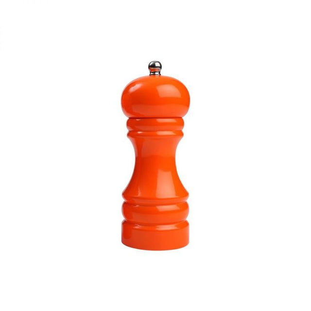 Vibrant orange 15cm salt mill with durable Hevea wood and precision grinding mechanism for stylish seasoning.