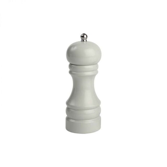 T&G Grey Capstan Pepper Mill (15cm) in Hevea wood with a sleek grey gloss finish for stylish seasoning in any kitchen.