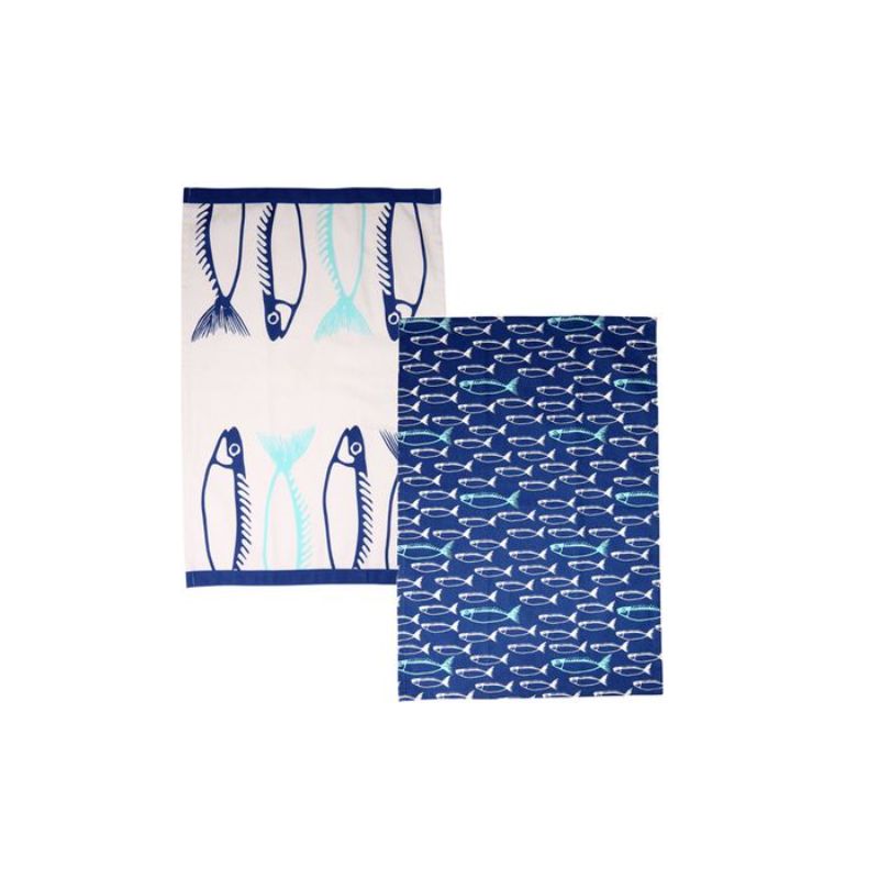 Set of 2 Dexam Fish Marine Blue tea towels featuring vibrant fish prints, made from 100% cotton and measuring 50 x 70cm.