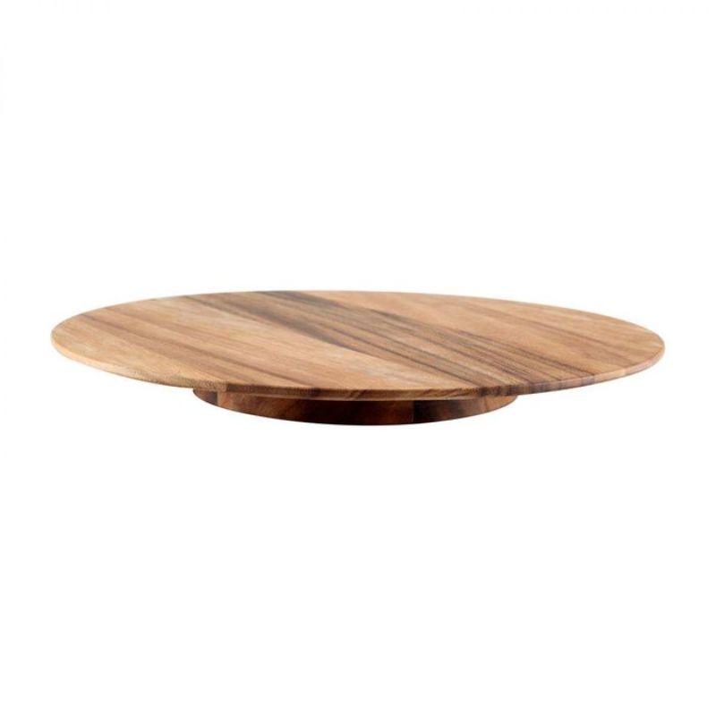 Large Baroque revolving platter in rustic acacia wood, perfect for sharing appetizers and condiments with effortless spinning.