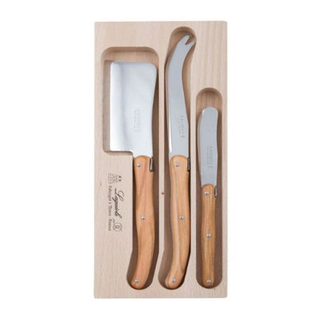 Laguiole cheese knife set with olive wood handles and spreader, presented in a wooden gift tray.