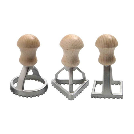 Three-piece pasta/biscuit stamp set with square, triangular, and round shapes, made in Italy and gift boxed.