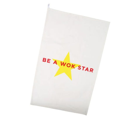 School of Wok tea towel, 100% cotton, vibrant wok graphics, perfect for drying dishes and cooking tasks.