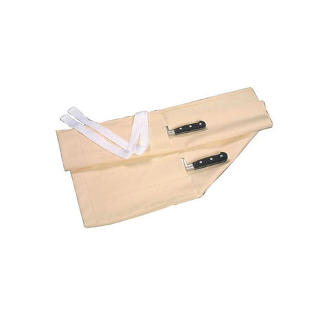 Cream cotton knife roll measuring 53 cm, holds up to 10 knives or 9 knives plus scissors, perfect for chefs.