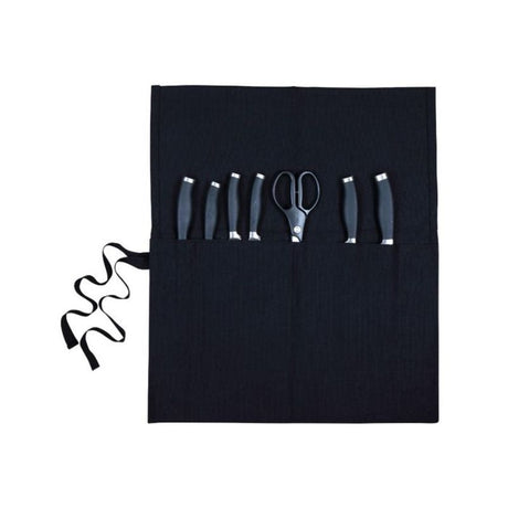 Dexam Black Canvas Knife Roll, securely stores 10 knives, scissors, and a sharpening steel; stylish and durable for chefs.