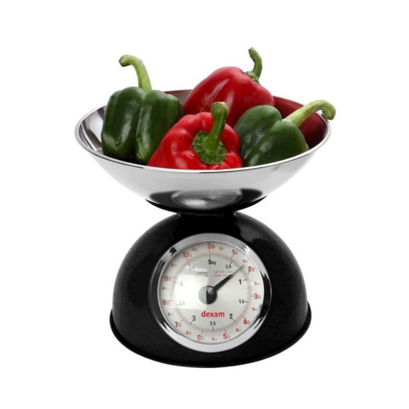 Dexam Retro Kitchen Scales in black with stainless steel bowl, precise digital measurements up to 5kg, stylish and compact design.