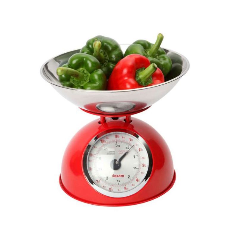 Dexam Retro Kitchen Scales in vibrant red, featuring precise measurements, a 2L stainless steel bowl, and a glossy finish.