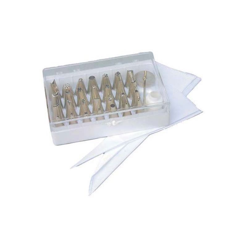 Comprehensive 32-piece icing set with 28 stainless steel nozzles and reusable bags for stunning cake decor.