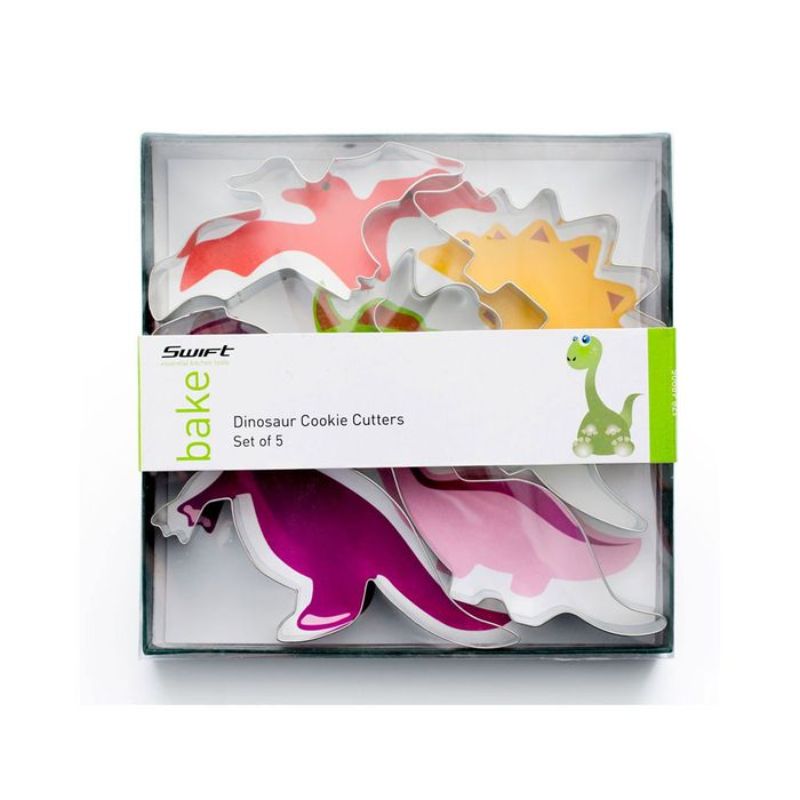 Set of 5 dinosaur-shaped cookie cutters in tin plate for fun baking and creative activities, perfect for dino lovers.