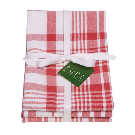 Set of 3 Dexam Jumbo Check Red Tea Towels, extra-large 100% cotton for absorbency and kitchen style.