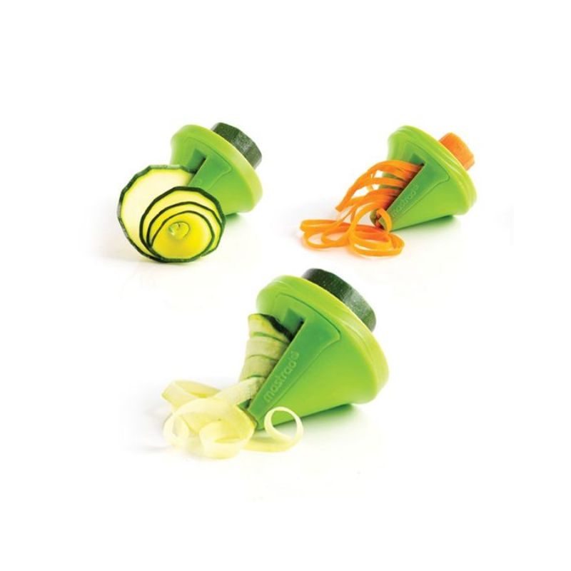 VEGGIE DECO SLICER by MASTRAD with 3 blades for creating ribbons and juliennes, includes finger guard, cleaning brush, and recipe booklet.