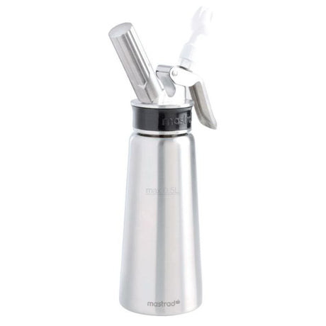 Professional-grade 500ml whipping siphon, stainless steel, for hot/cold creams, includes nozzles and cleaning brush.