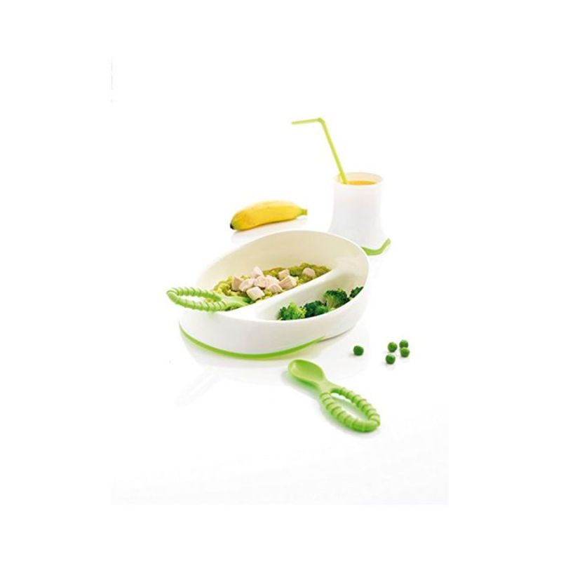 Charming green gift set for kids featuring a divided plate, beaker-style cup, and rounded utensils for safe mealtime.