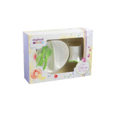 Charming green gift set with plate, cup, fork, and spoon designed for toddlers' safe and fun mealtime adventures.