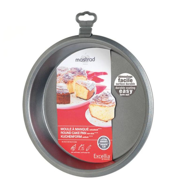 Mastrad Excellia 25.7 cm non-stick round cake pan, stainless steel, PFOA-free, robust, easy release, and heat resistant.