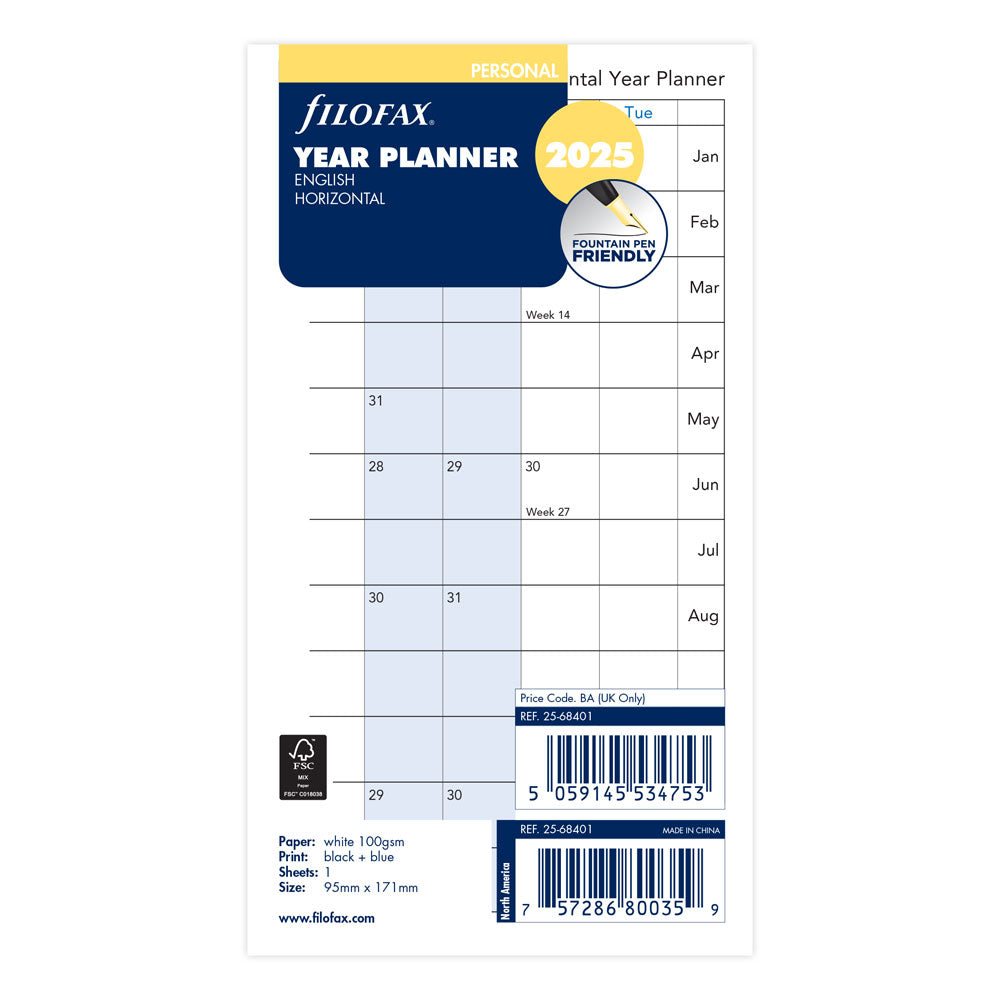 Filofax Refill Year Planner Horizontal Personal 2025