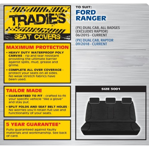 Black Canvas Rear Seat Cover - Ford Ranger Py T6.2 Xl Xls - TRADIES