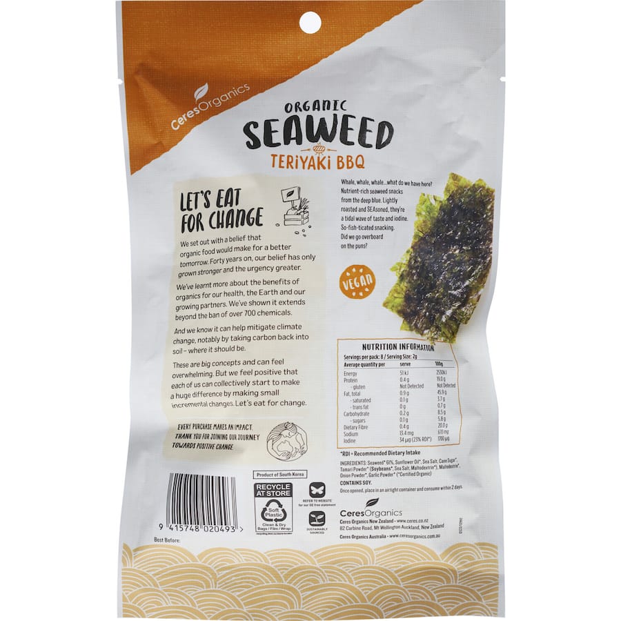 Ceres Organics Seaweed Snack Teriyaki Bbq Multipack 8x2g