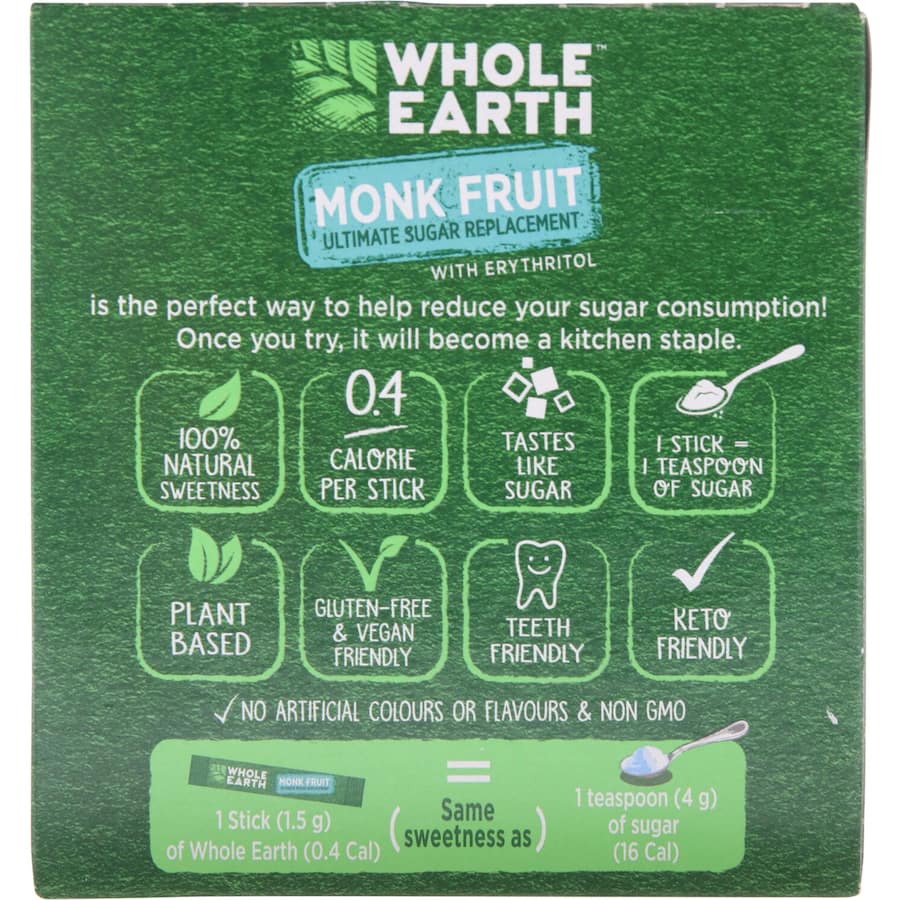 Whole Earth Sugar Substitute Monk Fruit Sweetener Sticks 40pack