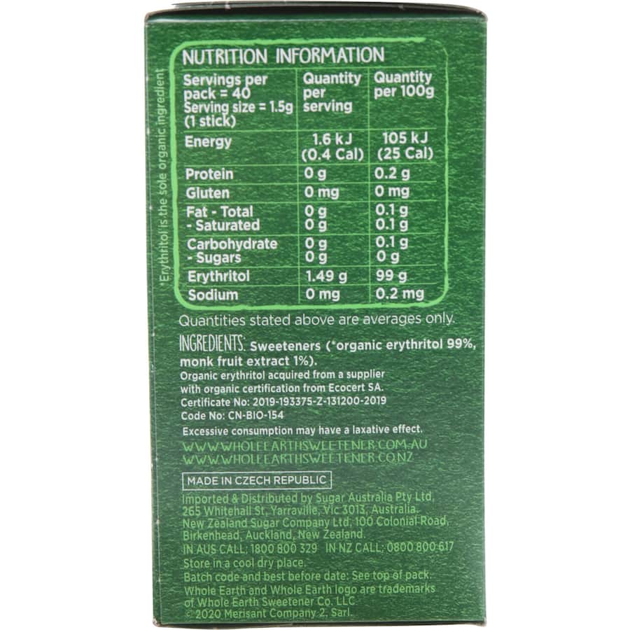 Whole Earth Sugar Substitute Monk Fruit Sweetener Sticks 40pack