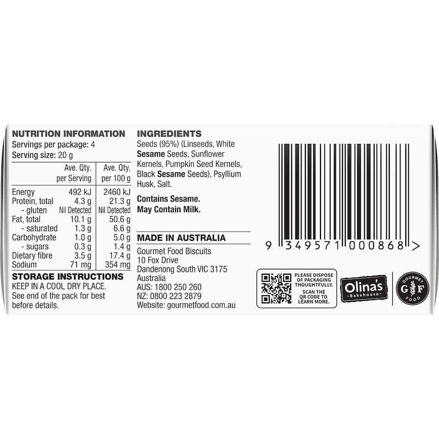 Olina's Bakehouse Simply Seed Crackers Original 80g