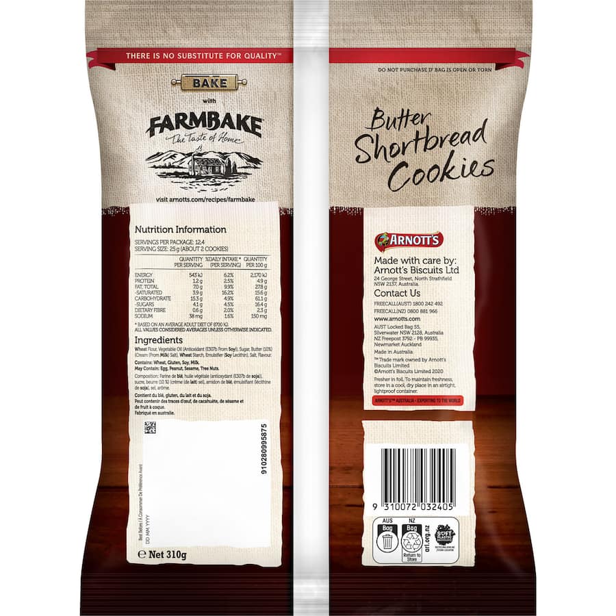 Arnotts Farmbake Cookies Butter Shortbread 310g