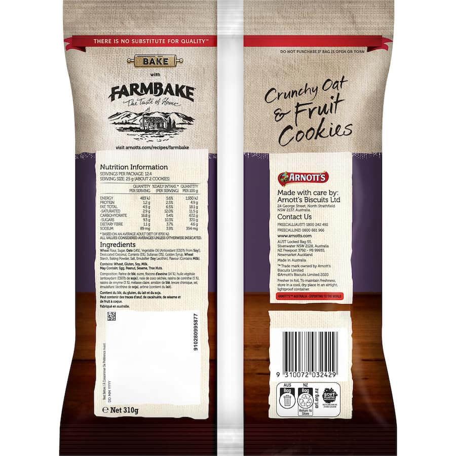 Arnotts Farmbake Cookies Crunchy Oat & Fruit 310g
