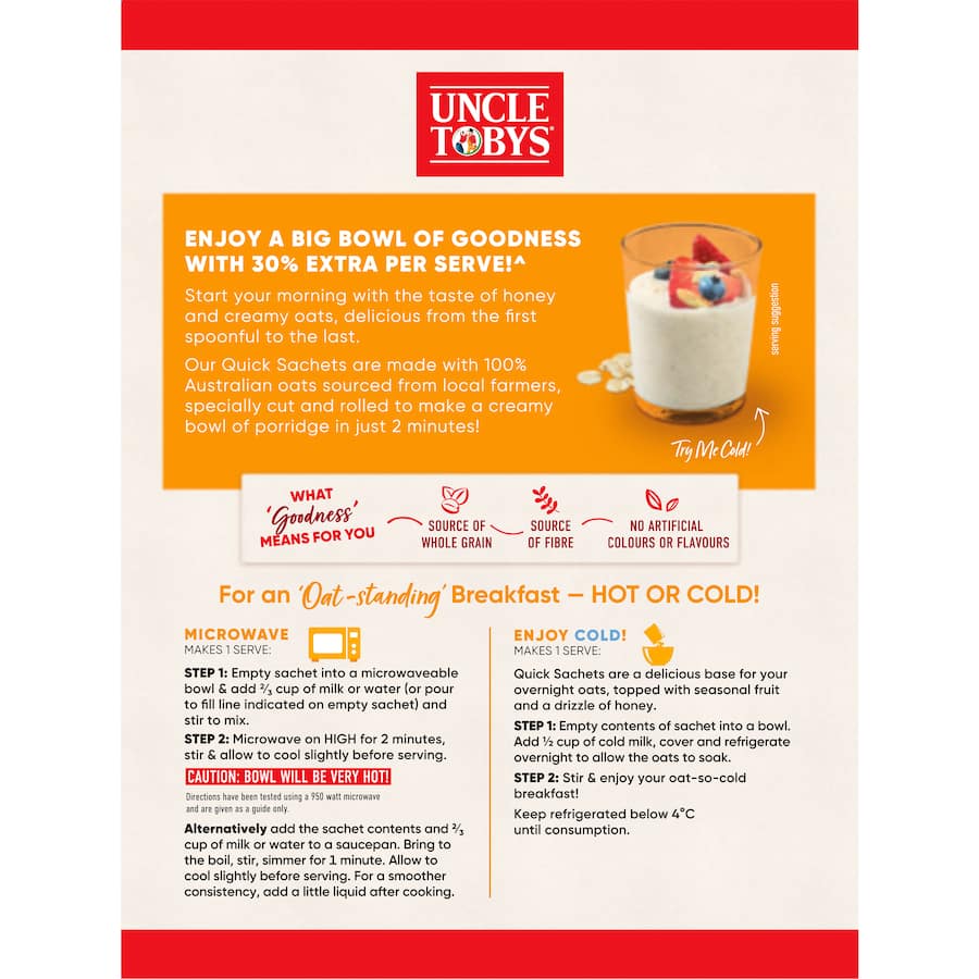 Uncle Tobys Oats Quick Sachets Creamy Honey 8 pack 368g