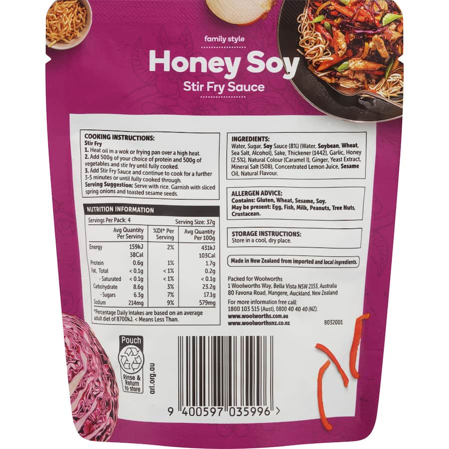 Woolworths Stir Fry Sauce Honey Soy Pouch 150g